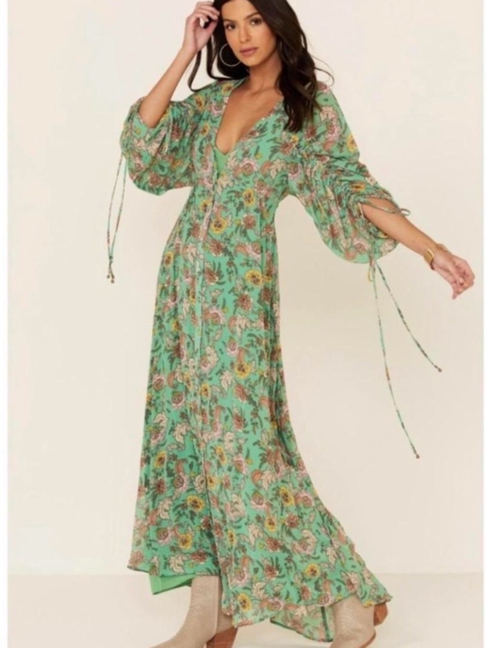 Free People Mint Green Floral Boho Maxi Dress Earthfolk- Medium